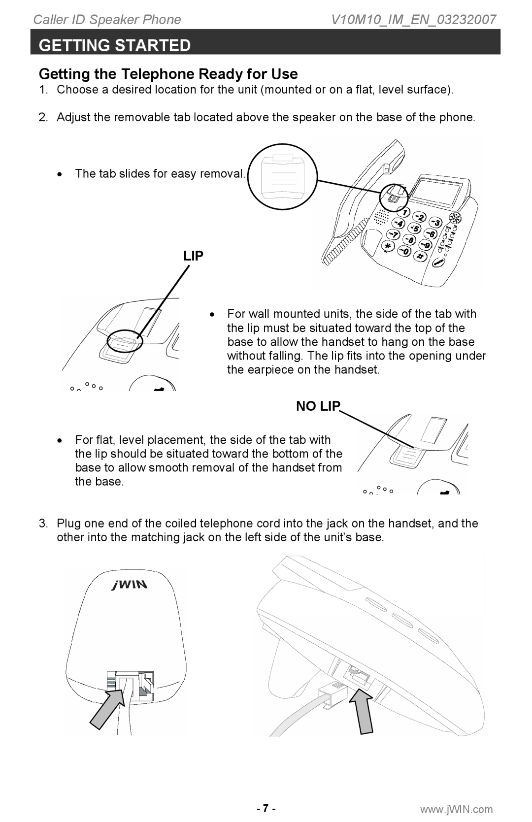 Jwin P531 instruction manual Getting the Telephone Ready for Use, Lip 