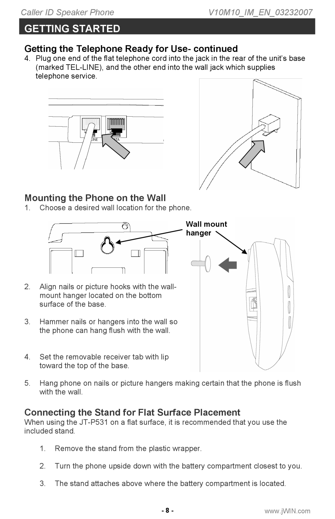 Jwin P531 Mounting the Phone on the Wall, Connecting the Stand for Flat Surface Placement, Wall mount hanger 