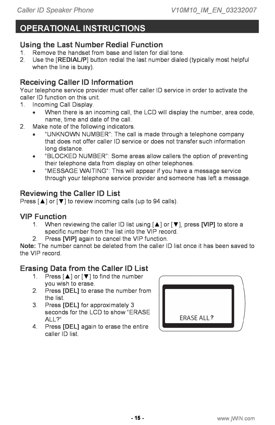 Jwin P531 Using the Last Number Redial Function, Receiving Caller ID Information, Reviewing the Caller ID List 