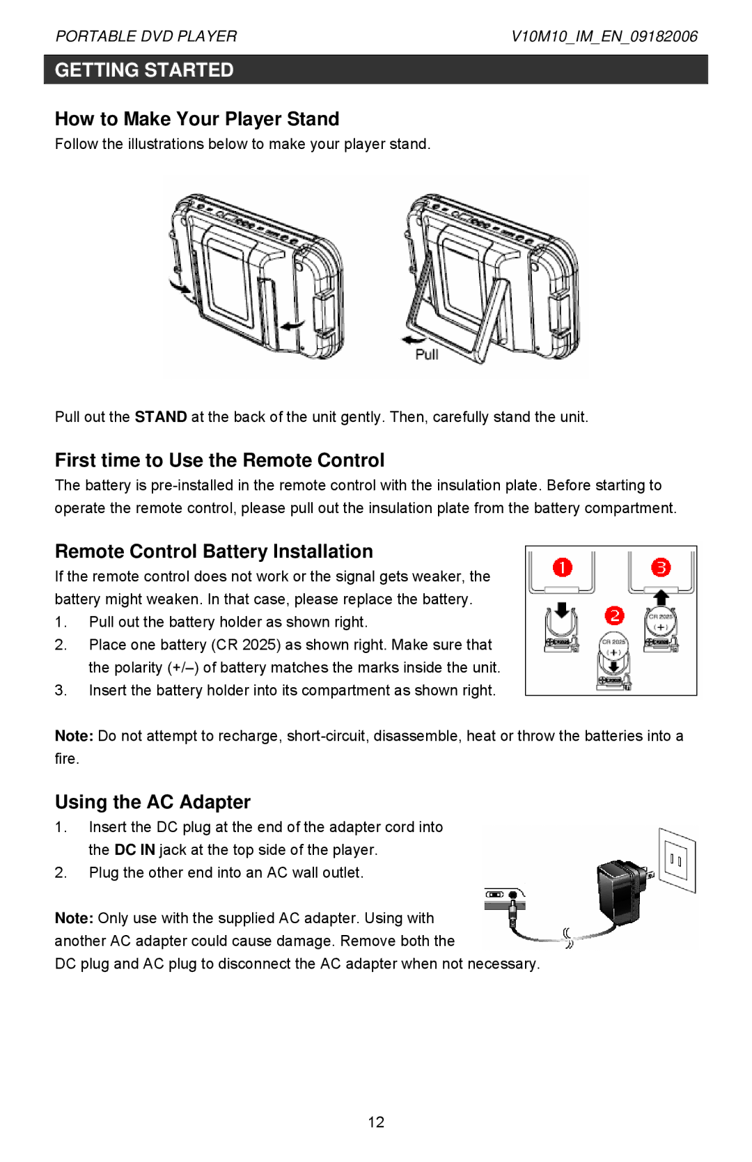 Jwin Z1055 How to Make Your Player Stand, First time to Use the Remote Control, Remote Control Battery Installation 