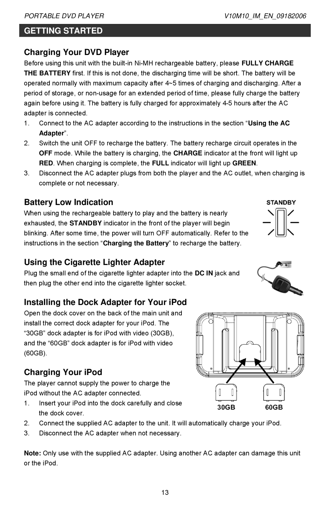 Jwin Z1055 Charging Your DVD Player, Battery Low Indication, Using the Cigarette Lighter Adapter, Charging Your iPod 