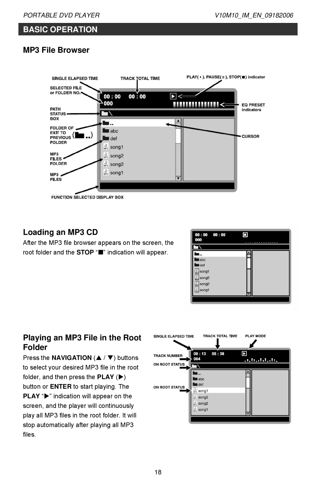 Jwin Z1055 instruction manual MP3 File Browser Loading an MP3 CD, Playing an MP3 File in the Root Folder 