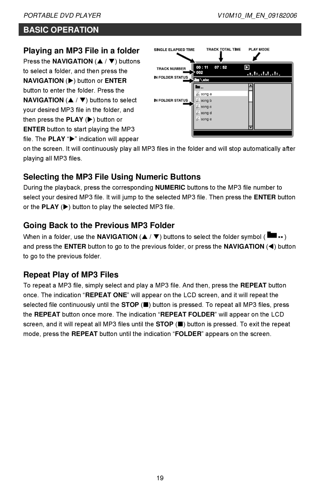 Jwin Z1055 Playing an MP3 File in a folder, Selecting the MP3 File Using Numeric Buttons, Repeat Play of MP3 Files 