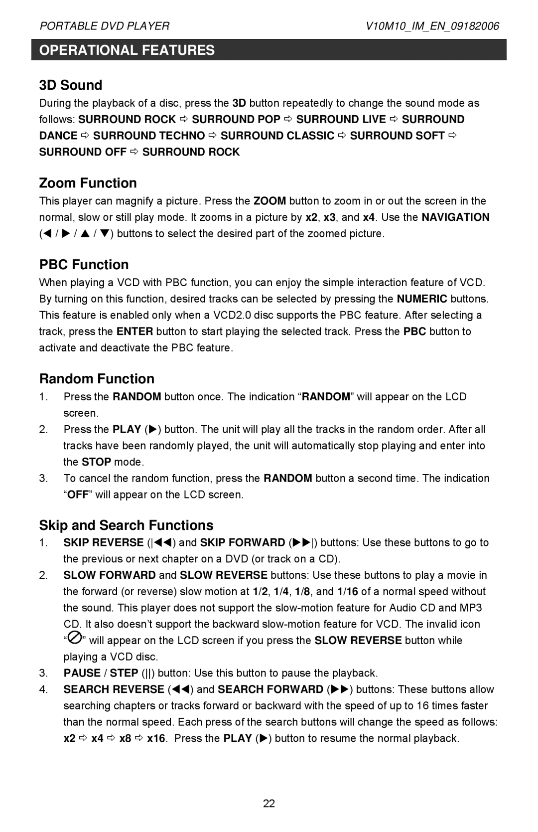 Jwin Z1055 instruction manual 3D Sound, Zoom Function, PBC Function, Random Function, Skip and Search Functions 