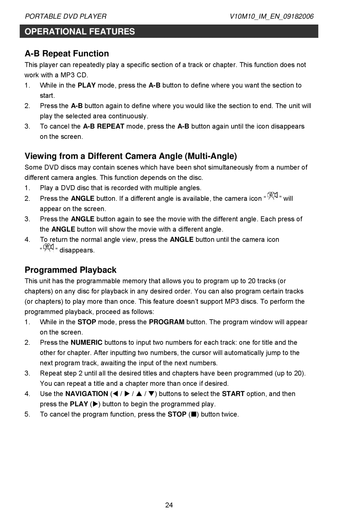 Jwin Z1055 instruction manual Viewing from a Different Camera Angle Multi-Angle, Programmed Playback 