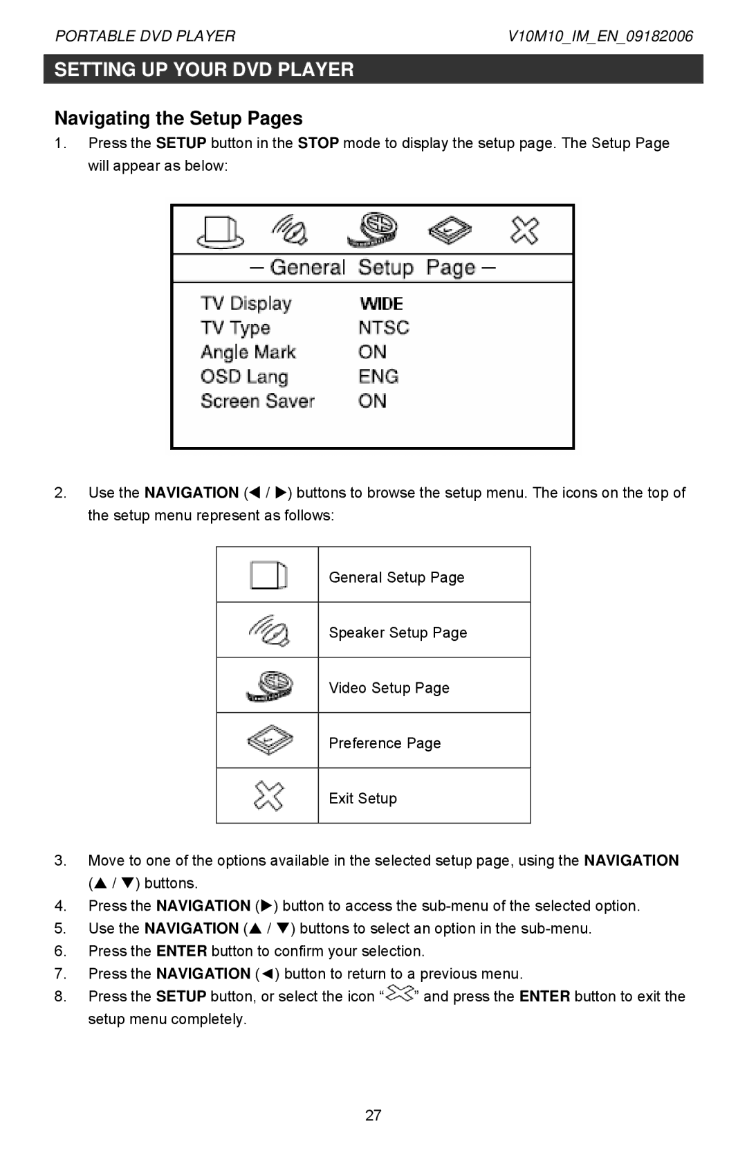 Jwin Z1055 instruction manual Setting UP Your DVD Player, Navigating the Setup Pages 