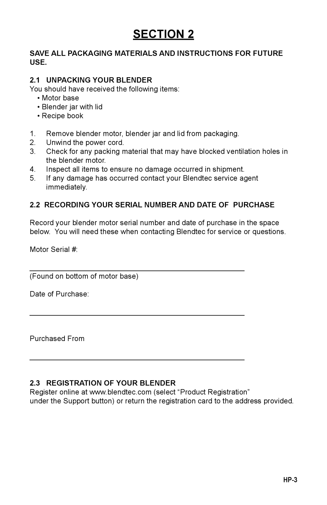 K-Tec HP3A instruction manual Recording Your Serial Number and Date of Purchase, Registration of Your Blender 