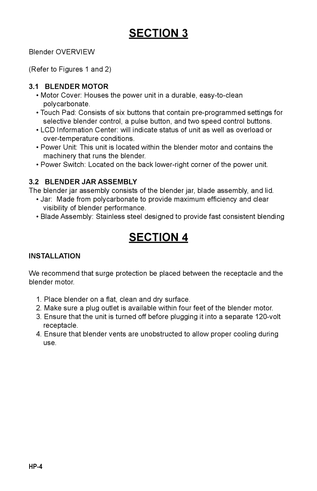 K-Tec HP3A instruction manual Blender Motor, Blender JAR Assembly, Installation 