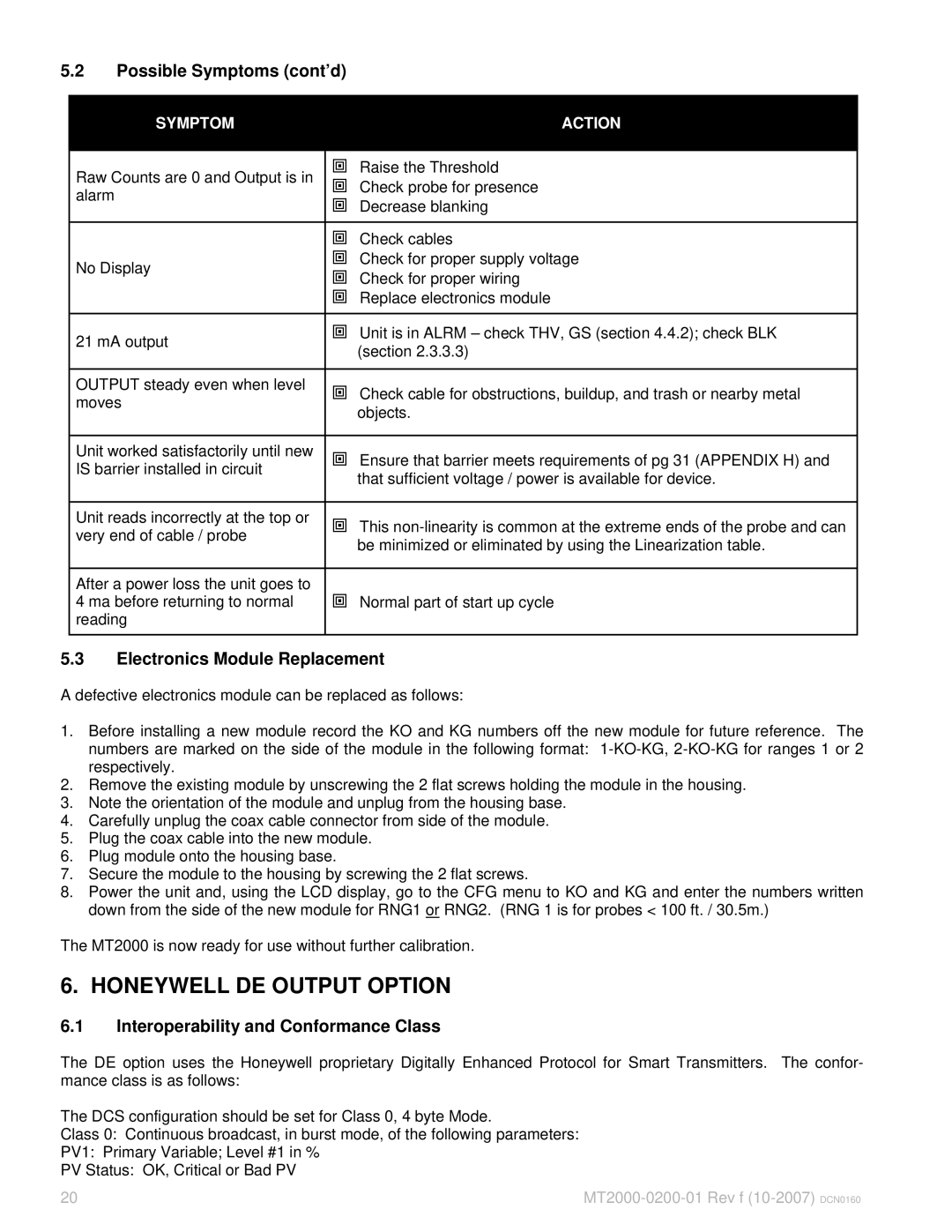 K-Tec MT2000 manual Honeywell DE Output Option, Possible Symptoms cont’d, Electronics Module Replacement 