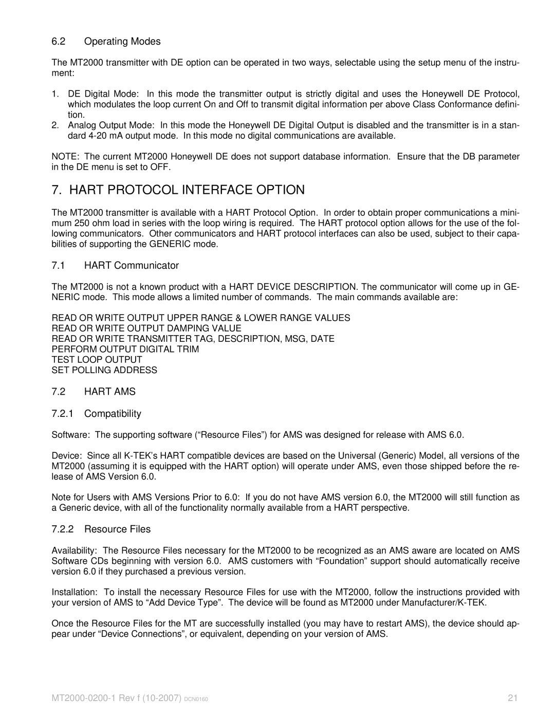 K-Tec MT2000 manual Hart Protocol Interface Option, Operating Modes, Hart Communicator, Compatibility, Resource Files 