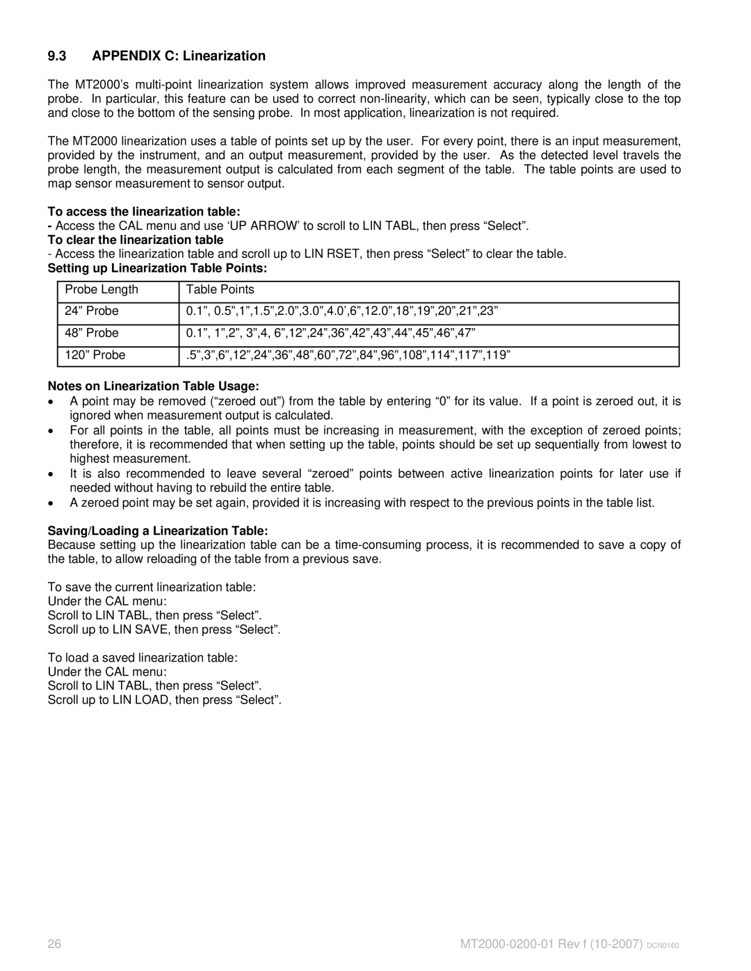 K-Tec MT2000 manual Appendix C Linearization, To access the linearization table, To clear the linearization table 