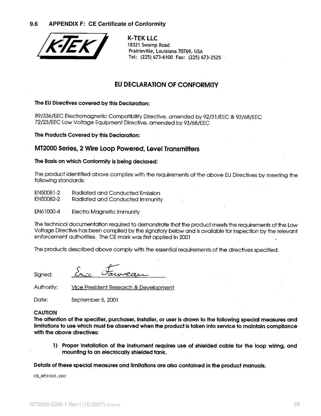 K-Tec MT2000 manual Appendix F CE Certificate of Conformity 