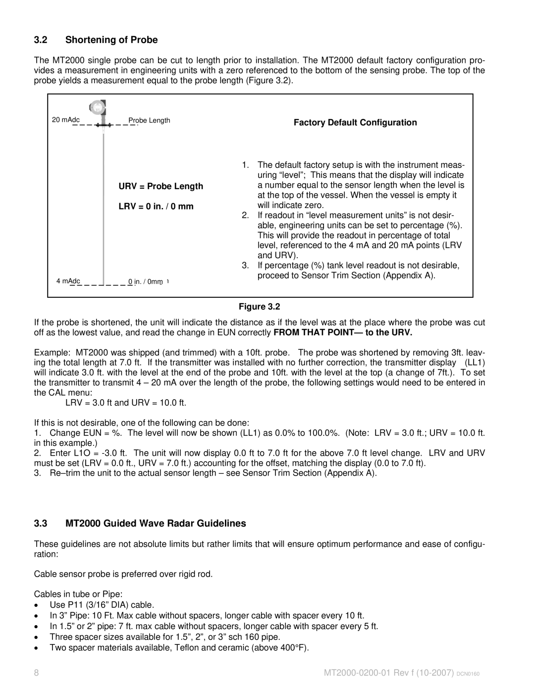 K-Tec manual Shortening of Probe, MT2000 Guided Wave Radar Guidelines, URV = Probe Length LRV = 0 in. / 0 mm 