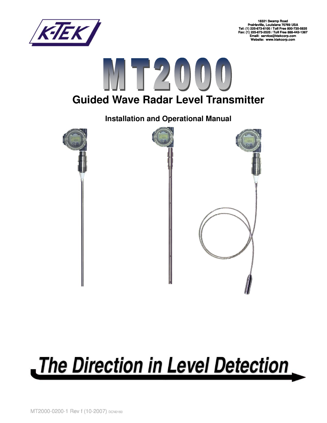 K-Tec MT2000 manual Installation and Operational Manual, Guided Wave Radar Level Transmitter, Swamp Road 