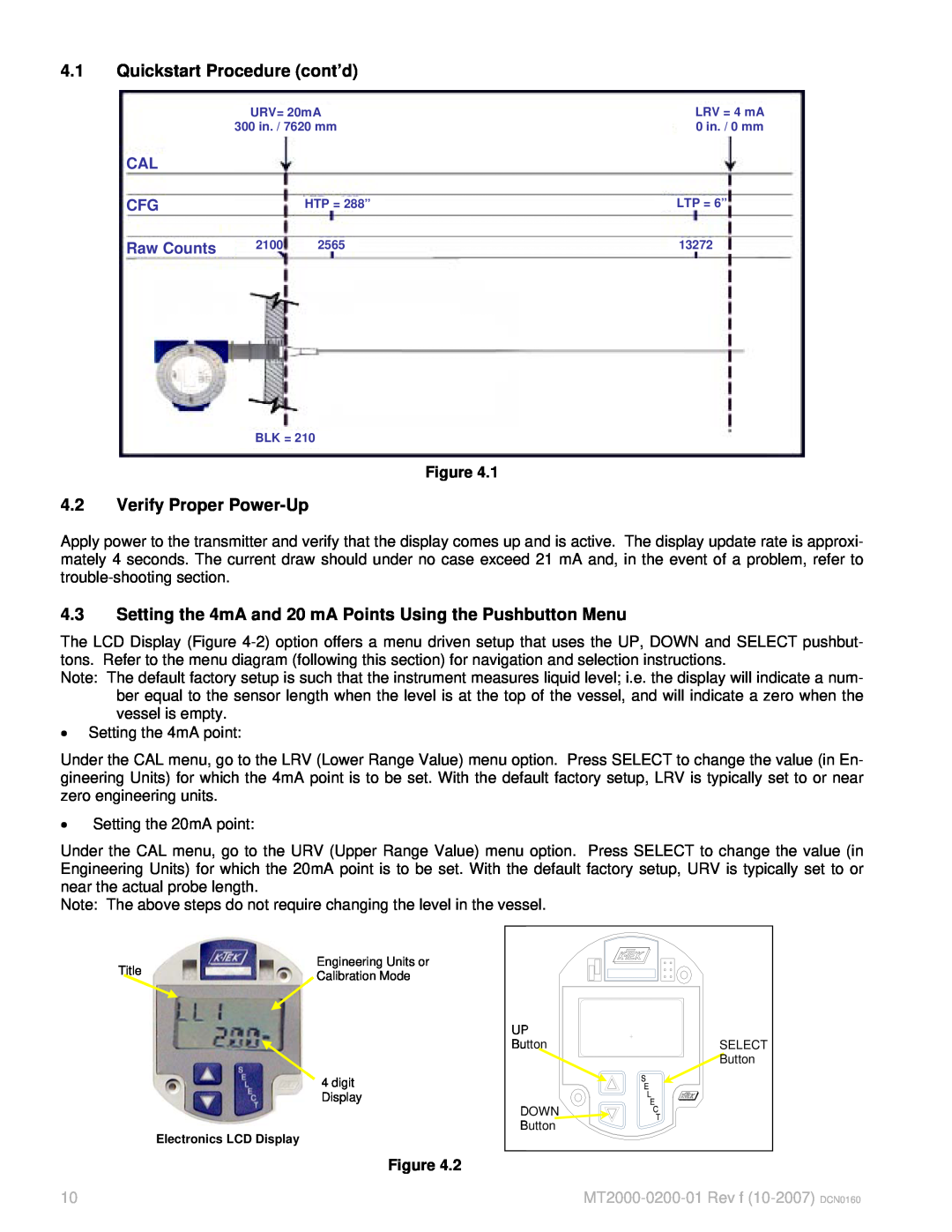 K-Tec manual 4.1Quickstart Procedure cont’d, 4.2Verify Proper Power-Up, Raw Counts, MT2000-0200-01Rev f 10-2007 DCN0160 