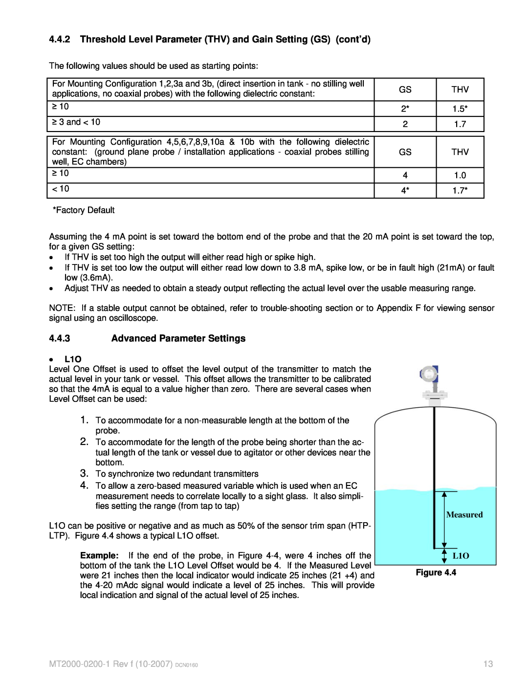 K-Tec manual 4.4.3Advanced Parameter Settings, Measured L1O, MT2000-0200-1Rev f 10-2007 DCN0160 