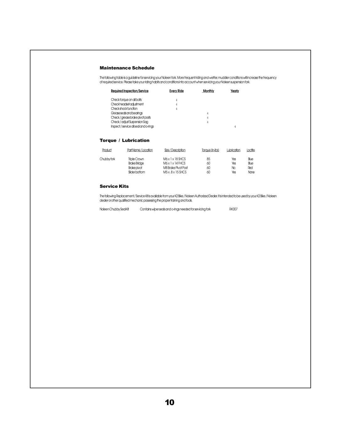 K2 Bike Chubby LT manual Torque / Lubrication 