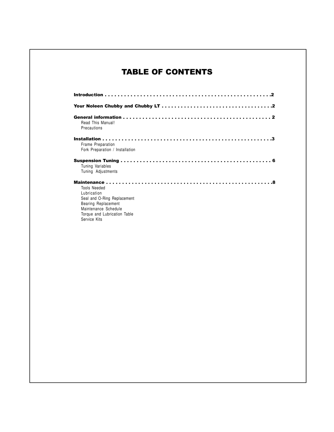 K2 Bike Chubby LT manual Table of Contents 