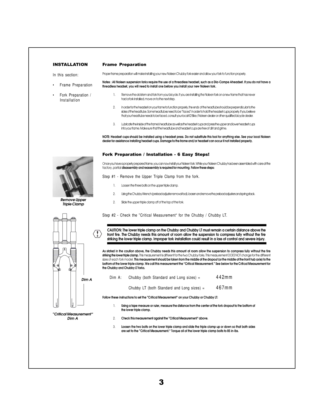 K2 Bike Chubby LT manual This section Frame Preparation, Fork Preparation / Installation 6 Easy Steps 