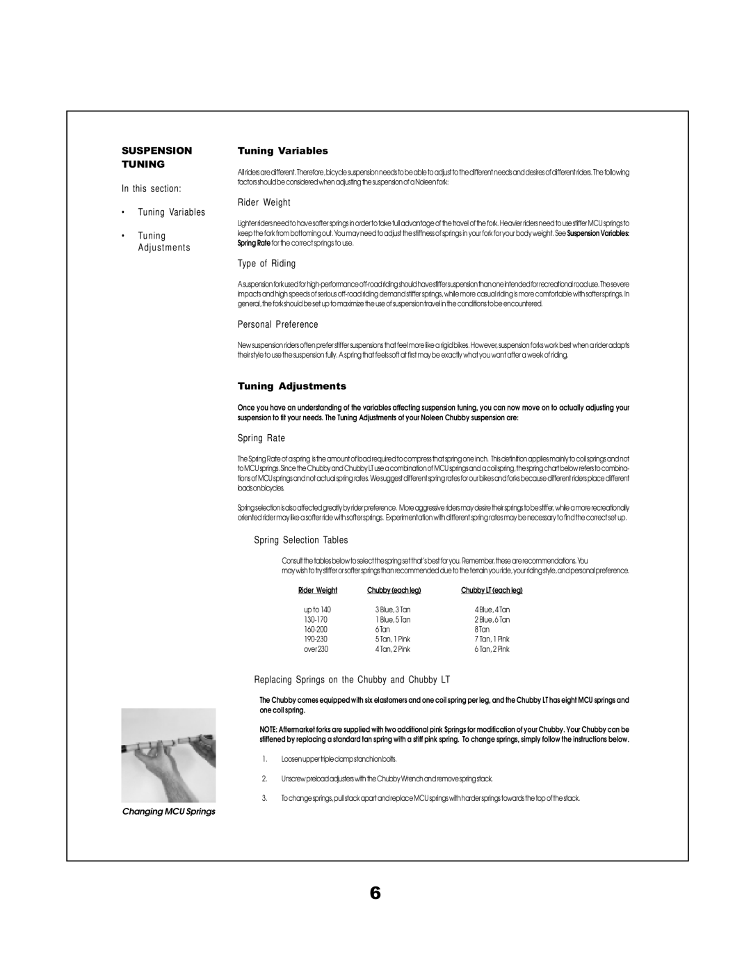 K2 Bike Chubby manual This section Tuning Variables Tuning Adjustments, Rider Weight, Type of Riding, Personal Preference 