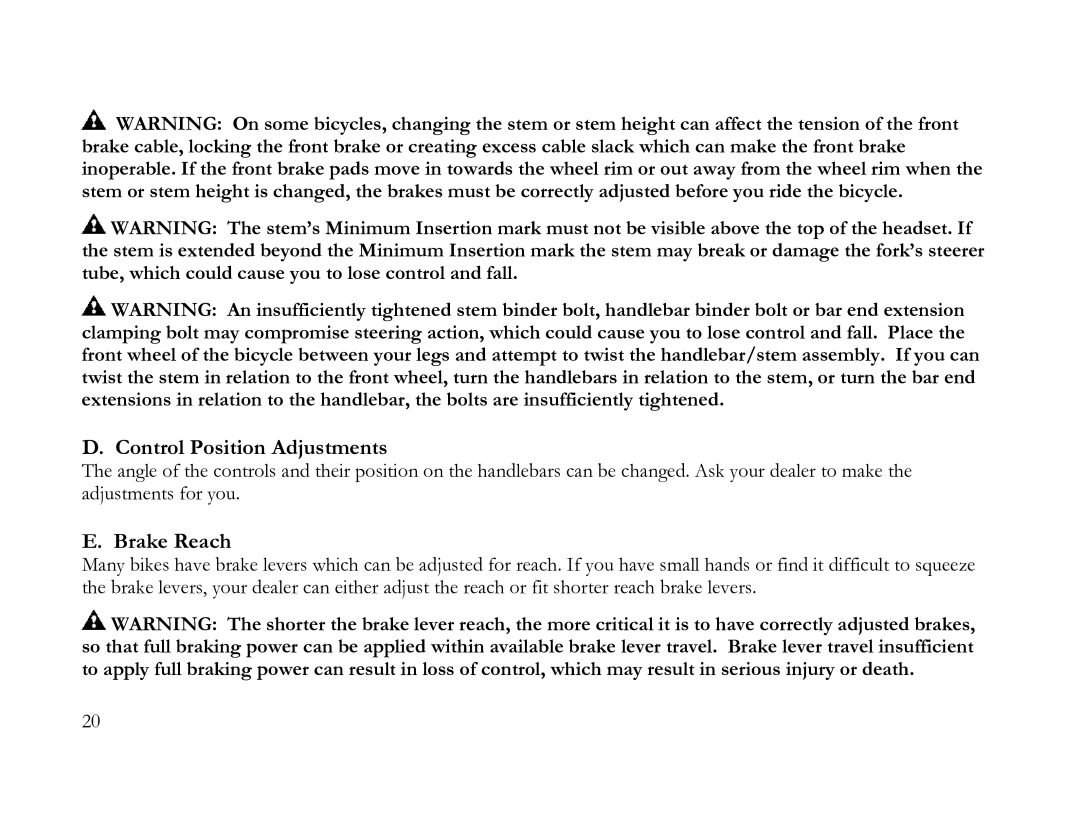 K2 Bike K2 BICYCLE manual Control Position Adjustments, Brake Reach 
