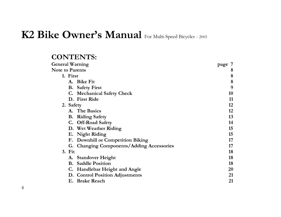 K2 Bike K2 BICYCLE manual Contents 