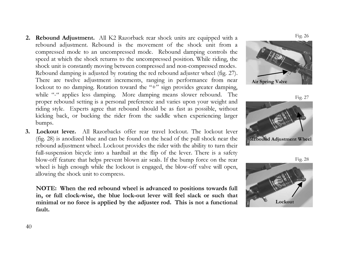 K2 Bike K2 BICYCLE manual Air Spring Valve Rebound Adjustment Wheel Lockout 