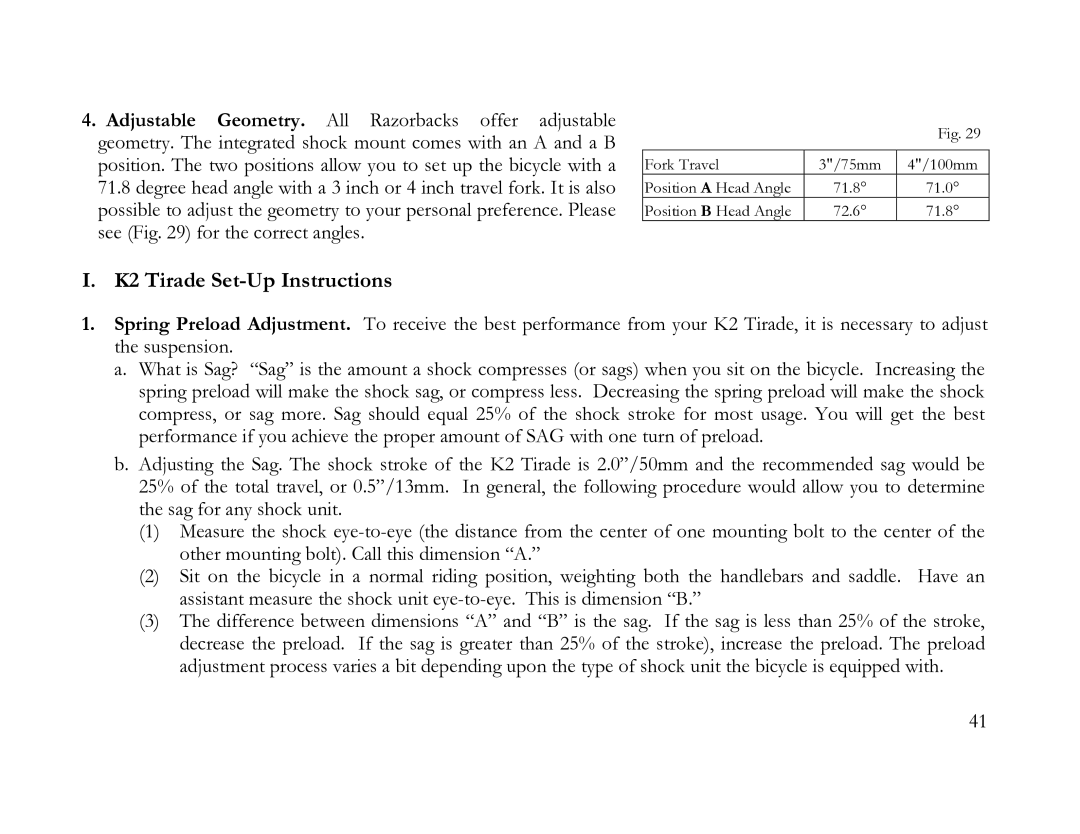 K2 Bike K2 BICYCLE manual K2 Tirade Set-Up Instructions 