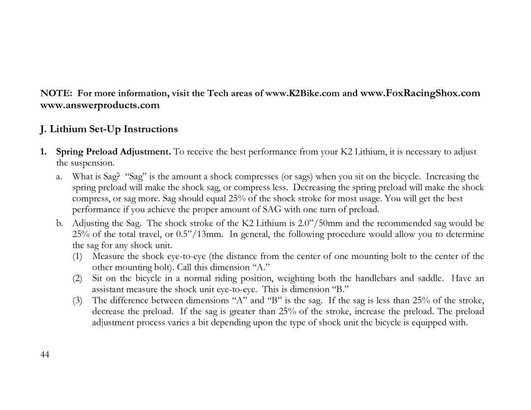 K2 Bike K2 BICYCLE manual Lithium Set-Up Instructions 