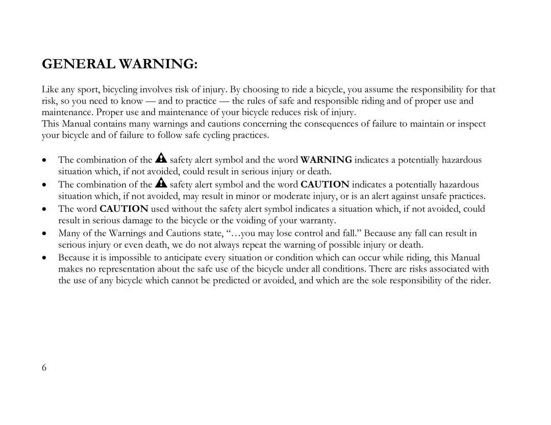 K2 Bike K2 BICYCLE manual General Warning 