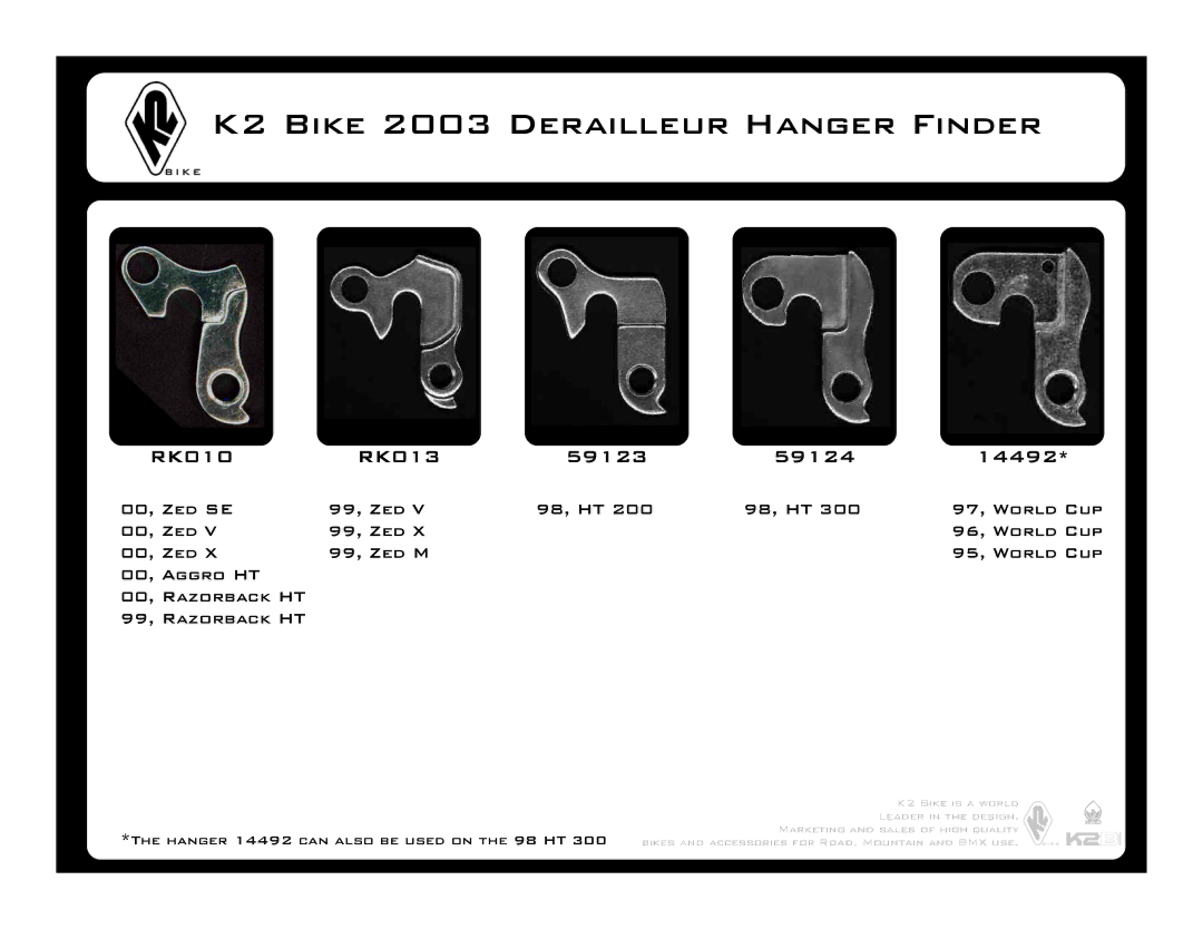 K2 Bike K013906, RK011, K013016, K013011, K013012 manual RK010 RK013 59123 59124 14492 