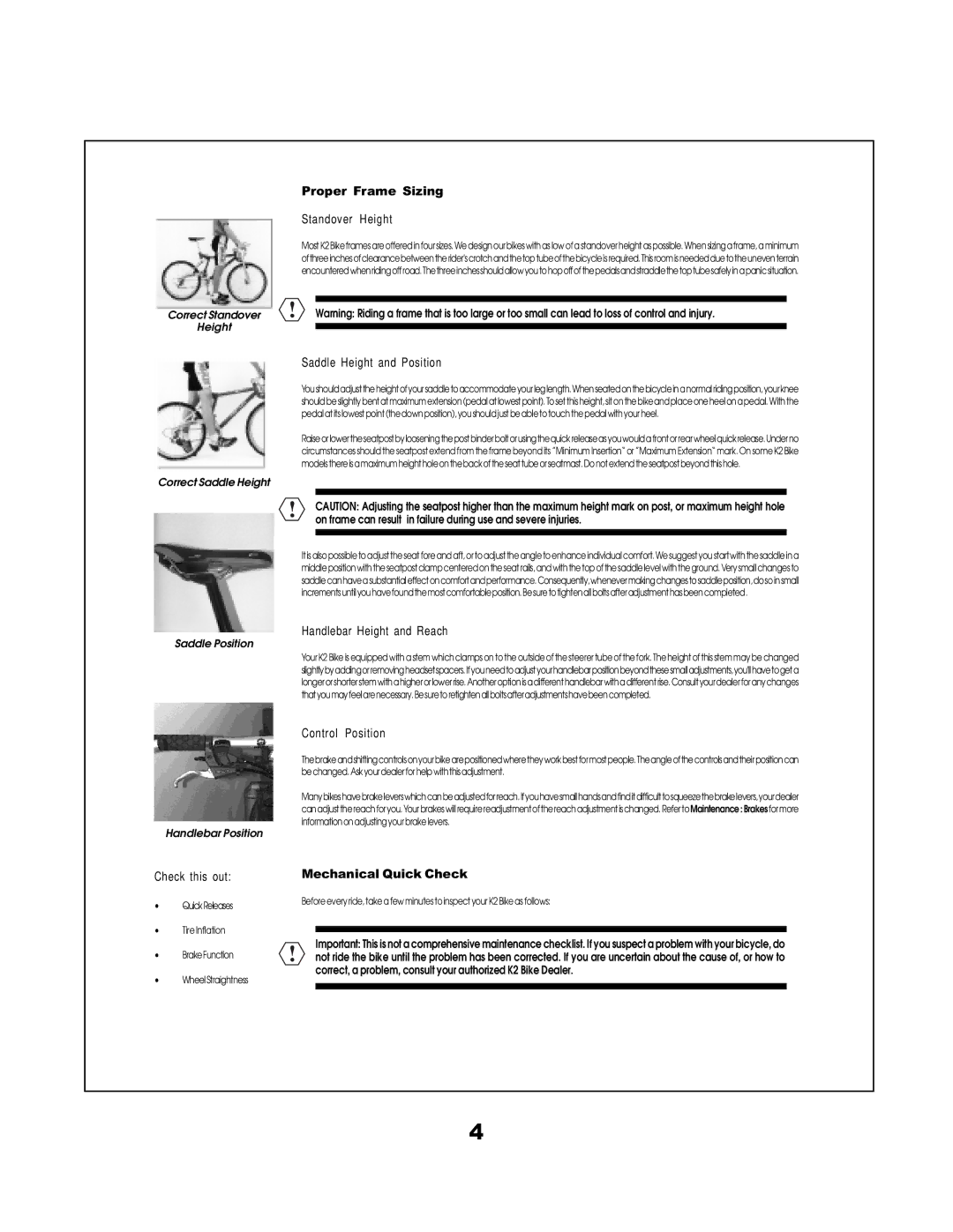 K2 Bike manual Saddle Height and Position, Handlebar Height and Reach, Control Position, Check this out 