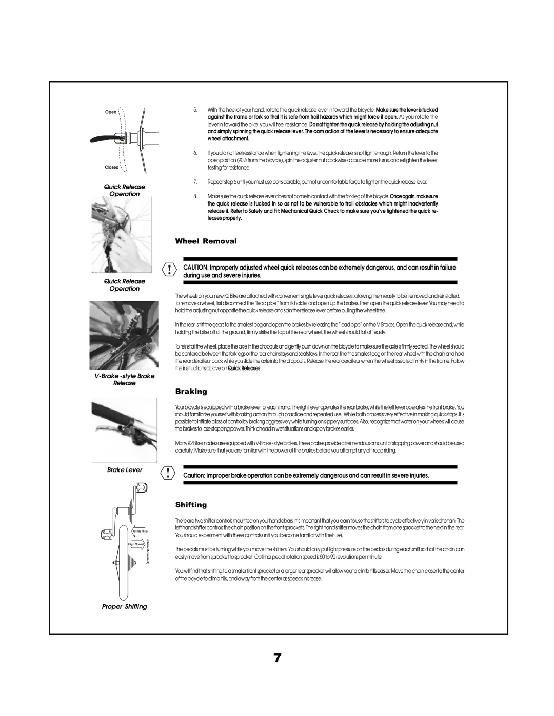 K2 Bike manual Wheel Removal, Braking, Shifting 