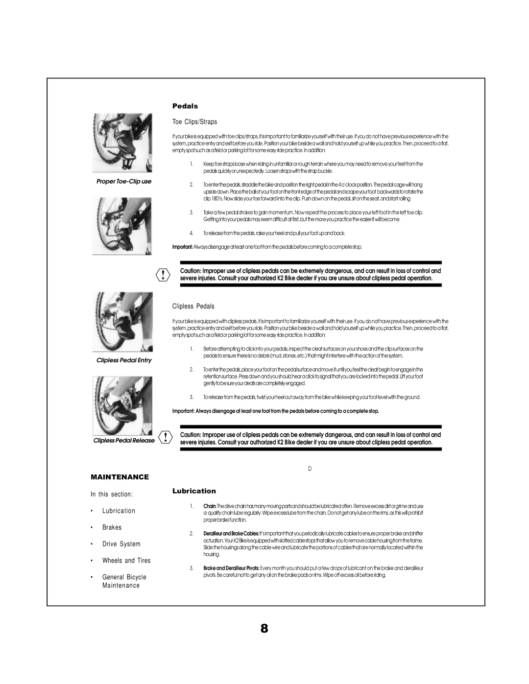 K2 Bike manual Maintenance, Pedals Toe Clips/Straps, Clipless Pedals 