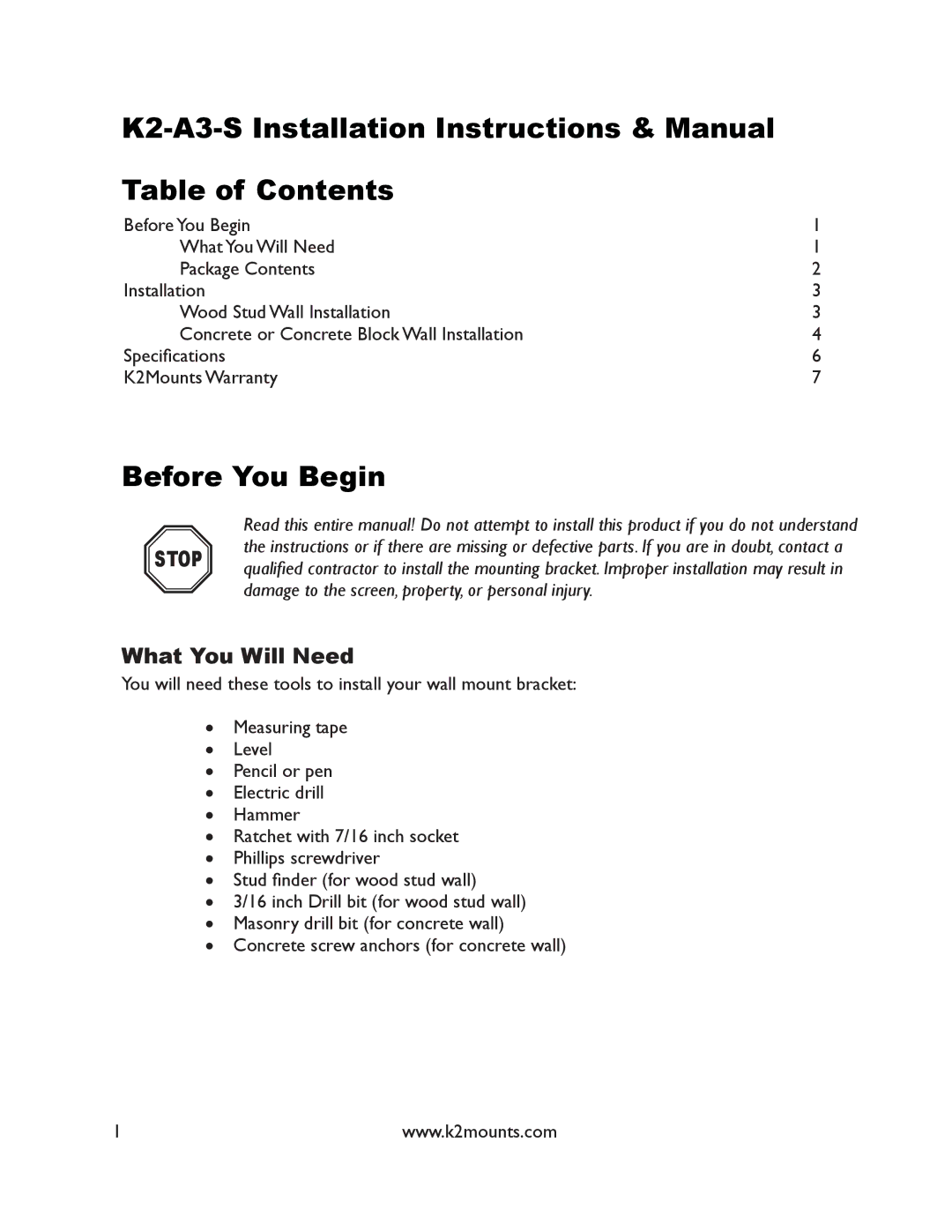 K2 Mounts K2-A3-S manual Before You Begin, What You Will Need 