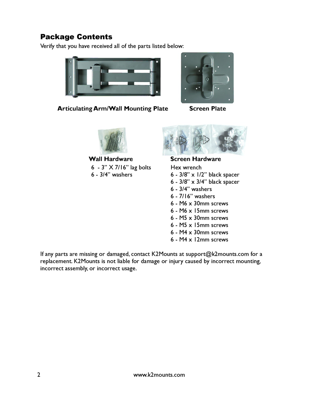 K2 Mounts K2-A3-S manual Package Contents 