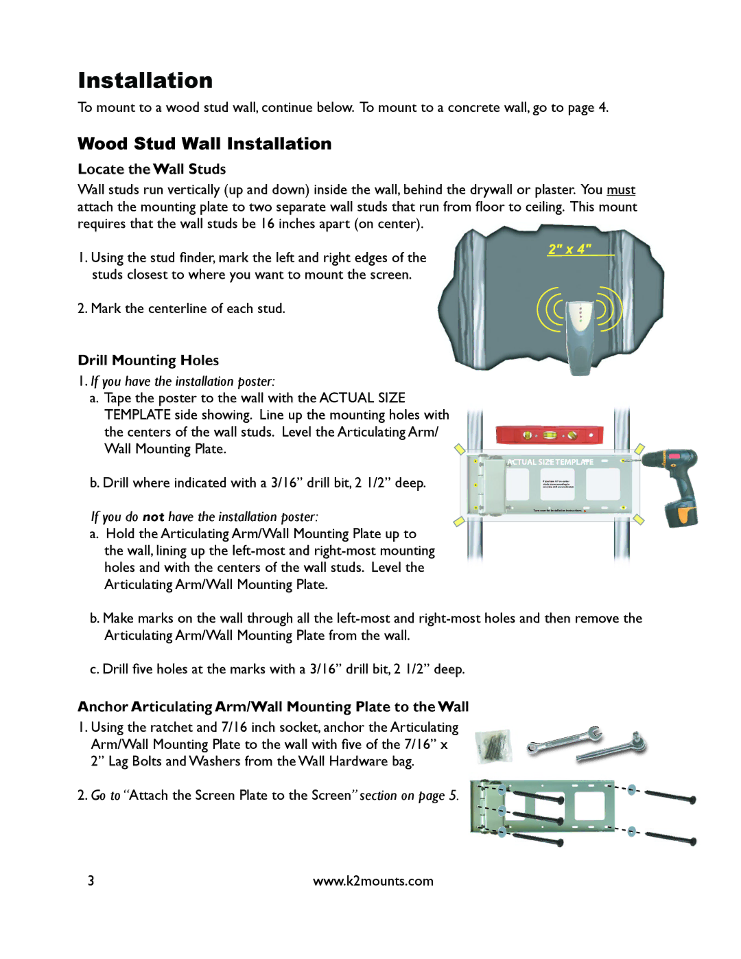 K2 Mounts K2-A3-S manual Wood Stud Wall Installation, Locate the Wall Studs, Drill Mounting Holes 