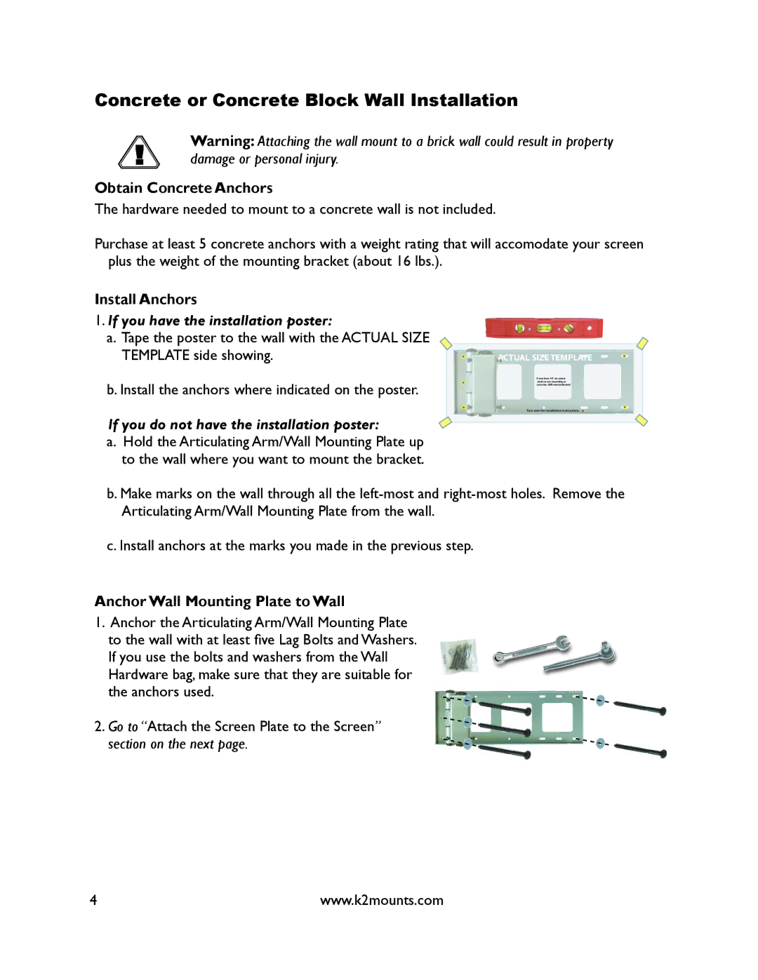 K2 Mounts K2-A3-S manual Concrete or Concrete Block Wall Installation, Obtain Concrete Anchors, Install Anchors 