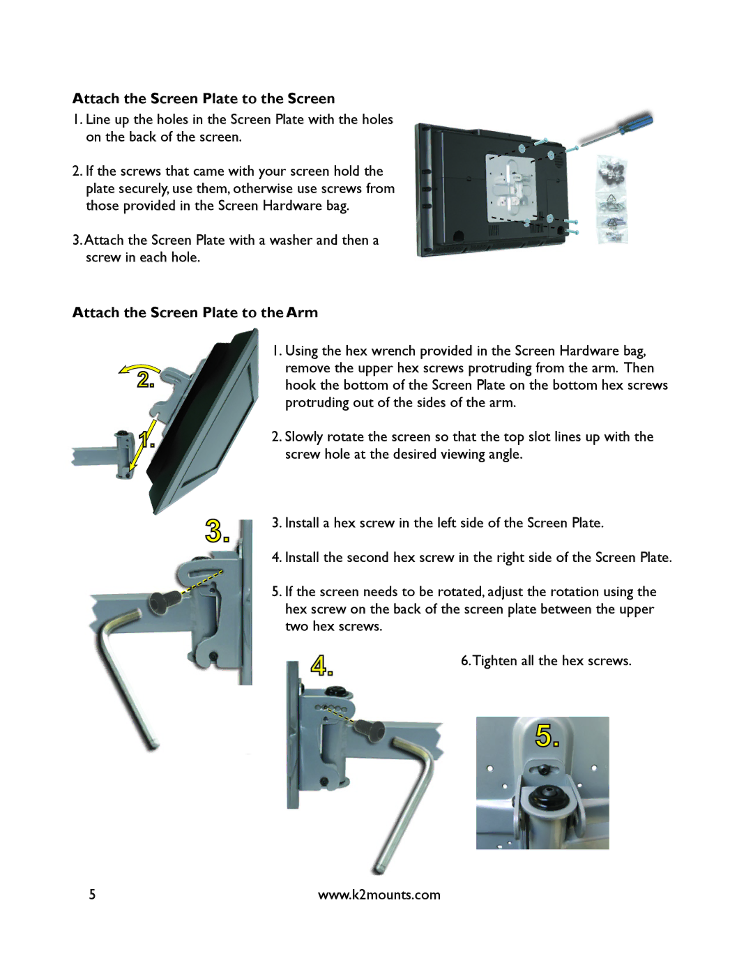 K2 Mounts K2-A3-S manual Attach the Screen Plate to the Screen, Attach the Screen Plate to the Arm 