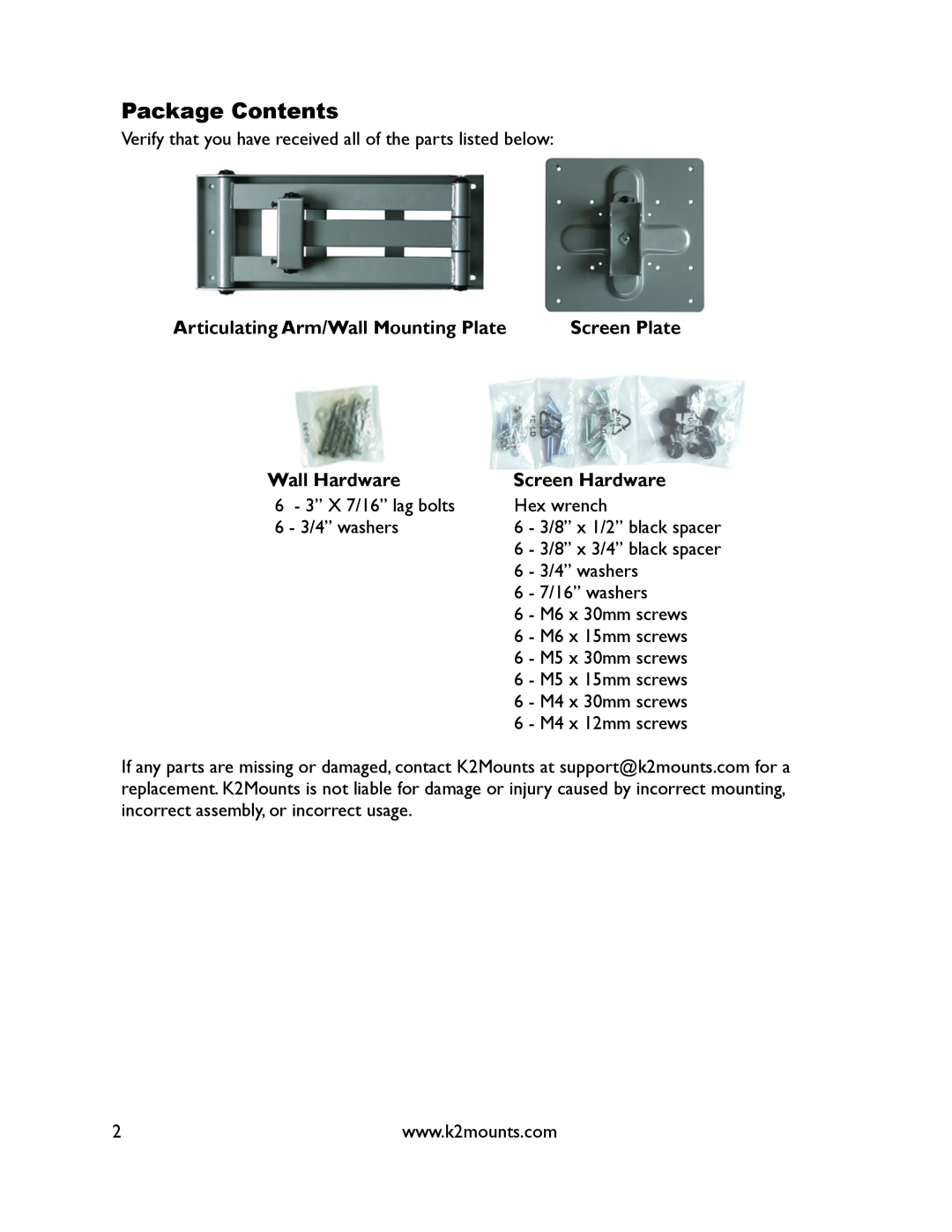 K2 Mounts K2-A3-S manual Package Contents, Articulating Arm/Wall Mounting Plate, Wall Hardware, Screen Hardware 