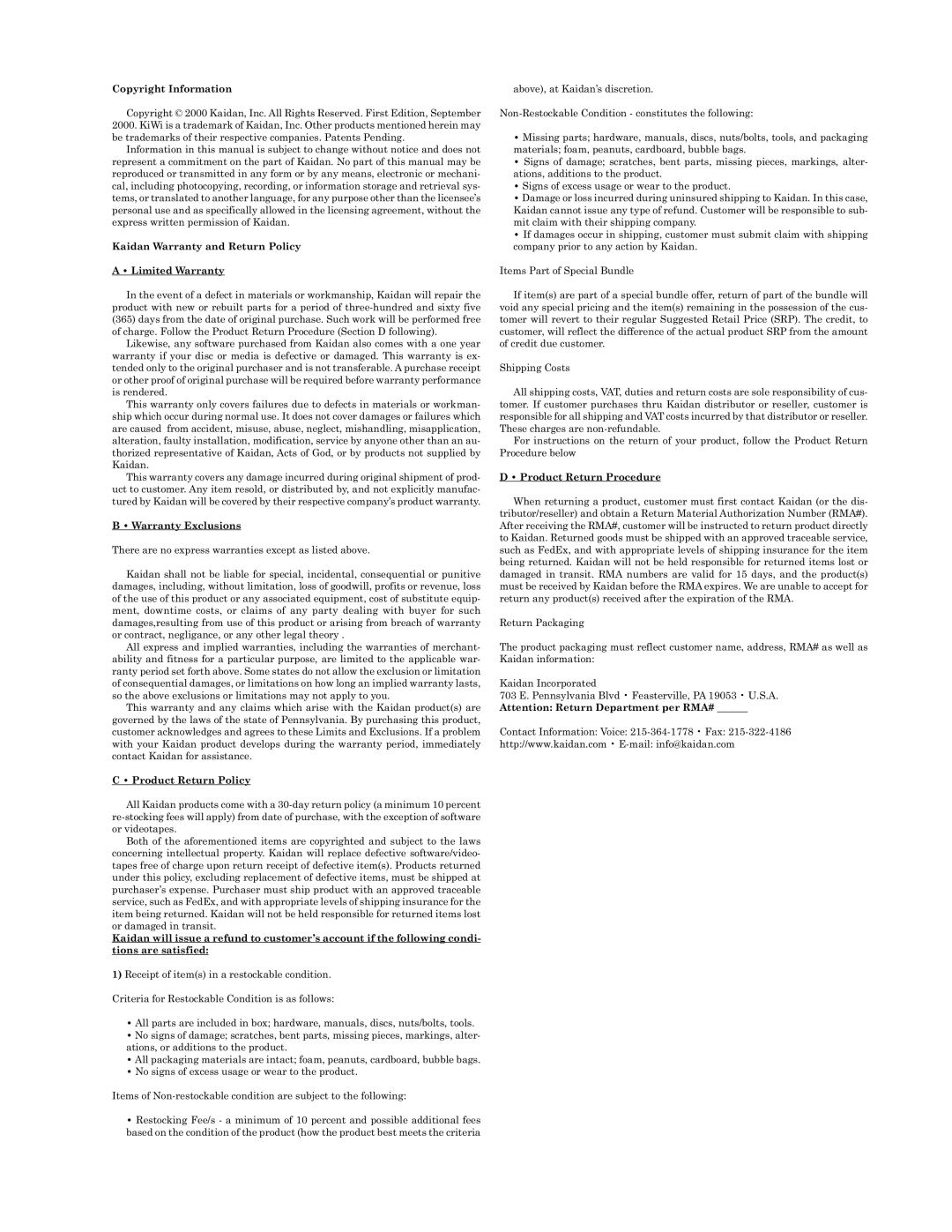 Kaidan Digital Camera Tripod manual Copyright Information 