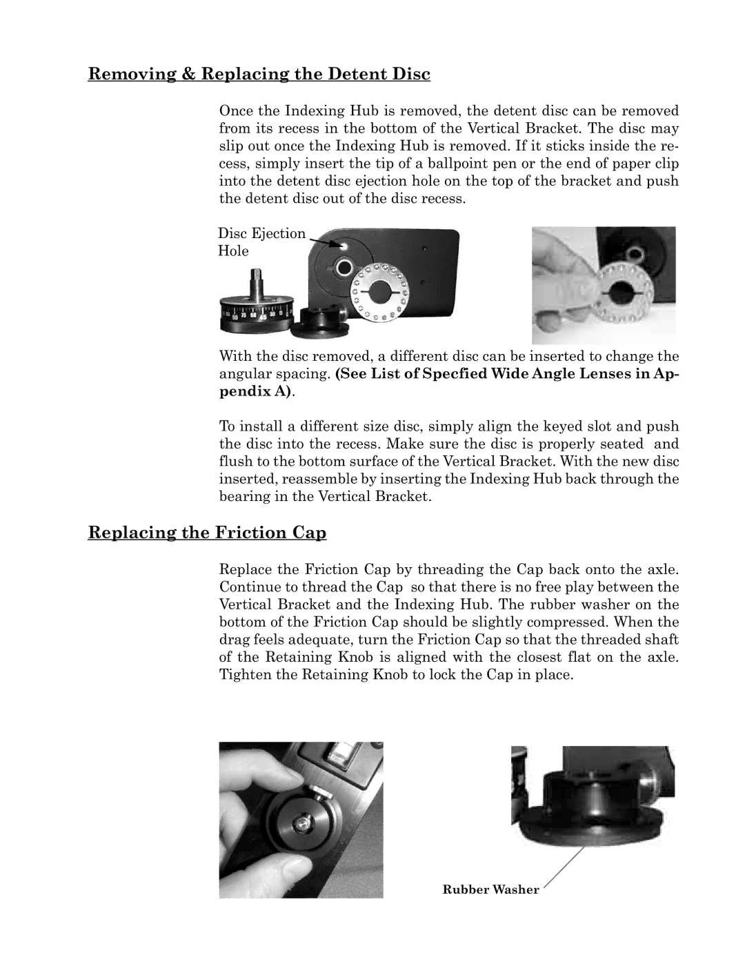 Kaidan Digital Camera Tripod manual Removing & Replacing the Detent Disc, Replacing the Friction Cap 