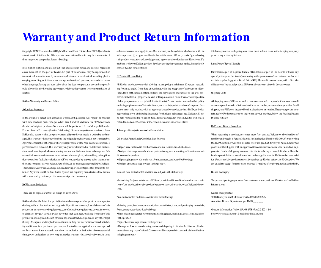 Kaidan III manual Warranty and Product Return Information, Kaidan Warranty and Return Policy Limited Warranty 