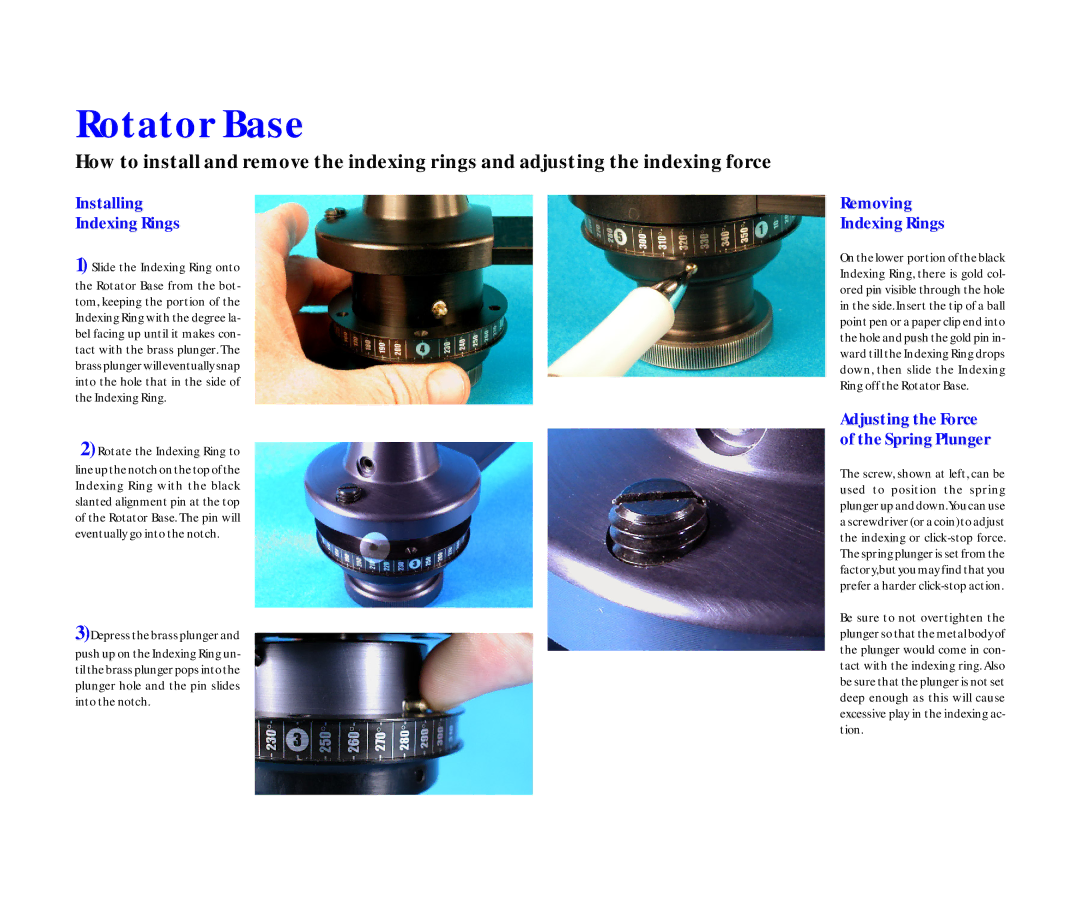 Kaidan III Rotator Base, Installing Indexing Rings, Removing Indexing Rings, Adjusting the Force of the Spring Plunger 