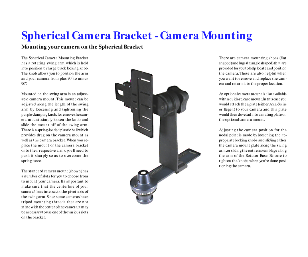 Kaidan III manual Spherical Camera Bracket Camera Mounting, Mounting your camera on the Spherical Bracket 