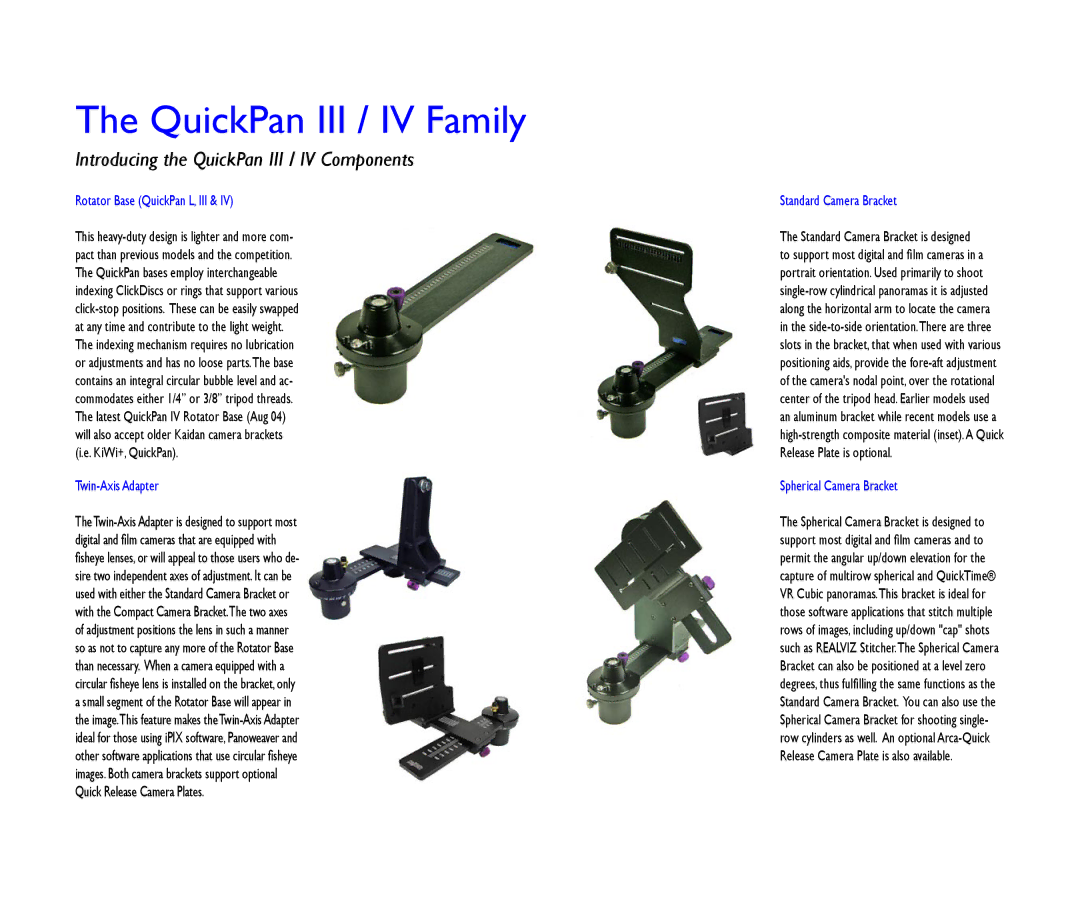 Kaidan QuickPan Panoramic Tripod Head manual QuickPan III / IV Family, Introducing the QuickPan III / IV Components 