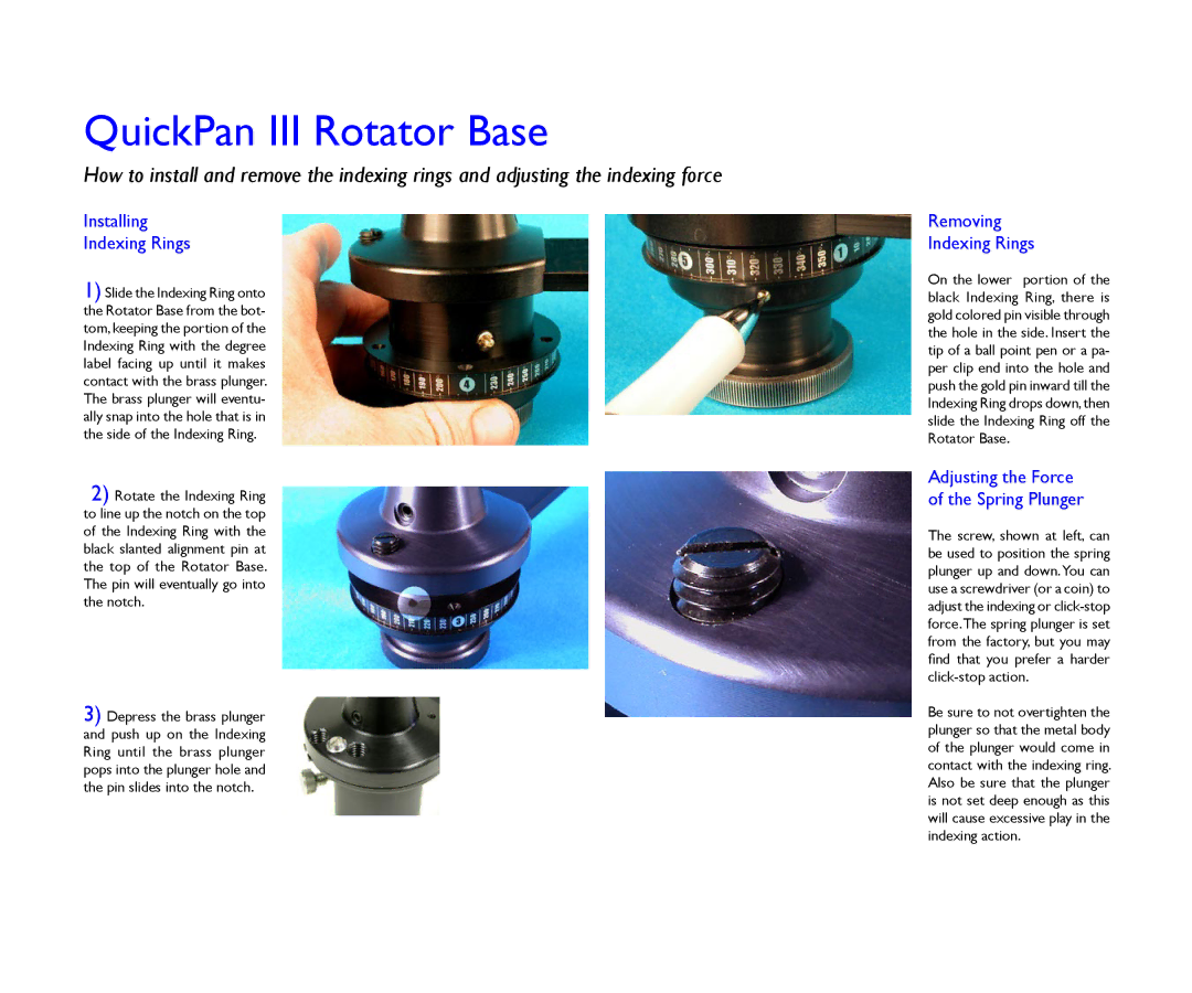 Kaidan QuickPan Panoramic Tripod Head manual QuickPan III Rotator Base, Installing Indexing Rings, Removing Indexing Rings 