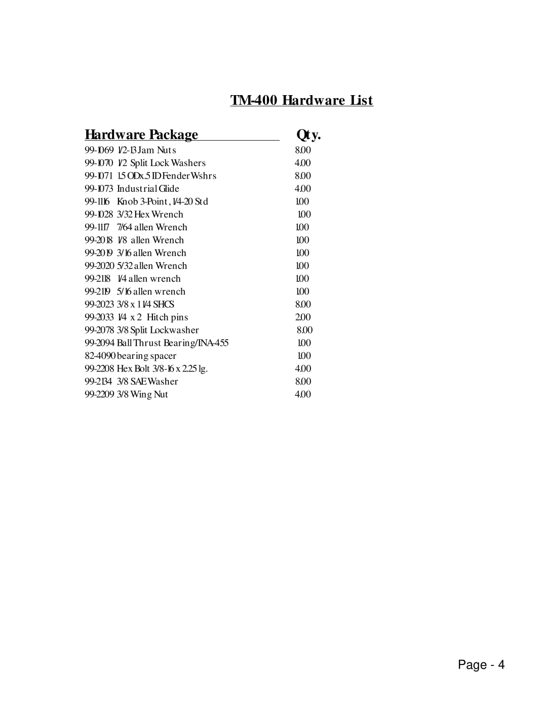 Kaidan manual TM-400 Hardware List 