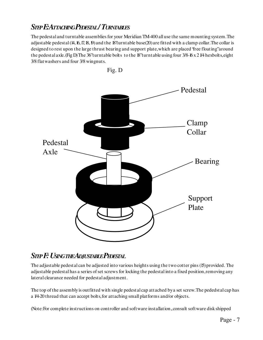 Kaidan TM-400 manual Step E Attaching Pedestal / Turntables, Step F Using the Adjustable Pedestal 