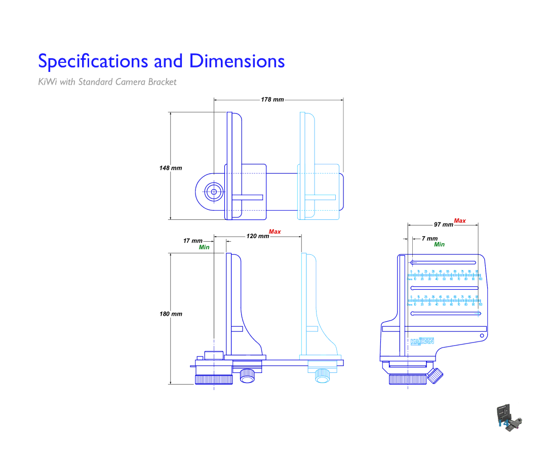 Kaidan Tripod manual Speciﬁcations and Dimensions, KiWi with Standard Camera Bracket 